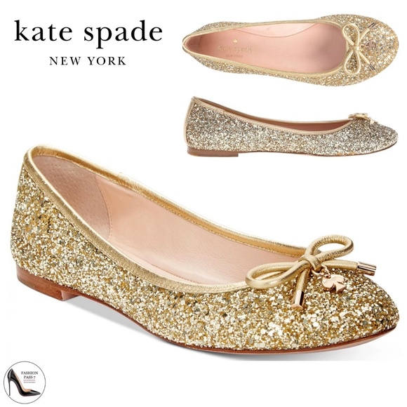 Kate Spade Willa Gold Glitter Ballet Flats Comfort Round‑Toe Designer Shoes 5 - Picture 1 of 13